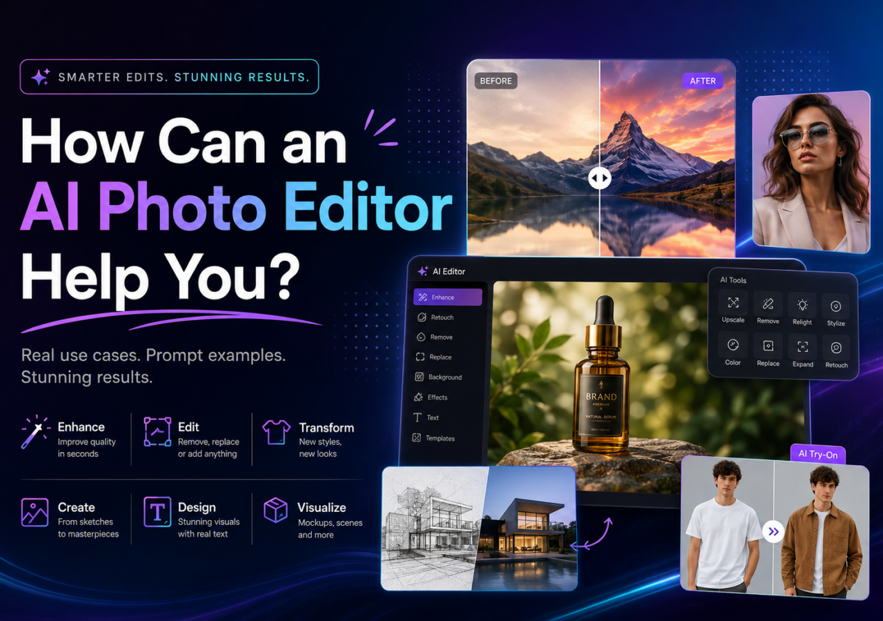 A promotional banner for Linocut AI Photo Editor titled 'How Can an AI Photo Editor Help You?', showcasing real-life use cases, prompt examples, and a grid of AI-generated images including product photos, portraits, and stylized artwork.