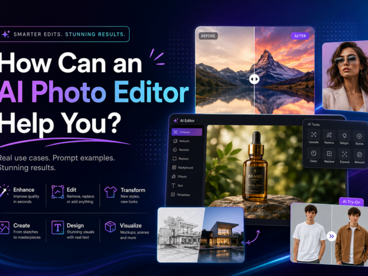 A promotional banner for Linocut AI Photo Editor titled 'How Can an AI Photo Editor Help You?', showcasing real-life use cases, prompt examples, and a grid of AI-generated images including product photos, portraits, and stylized artwork.