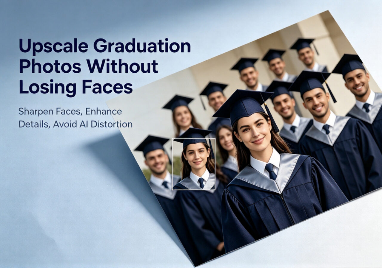 A group of happy university graduates wearing dark blue academic gowns and mortarboards smiling in front of a campus building, showing clear facial details after image enhancement.