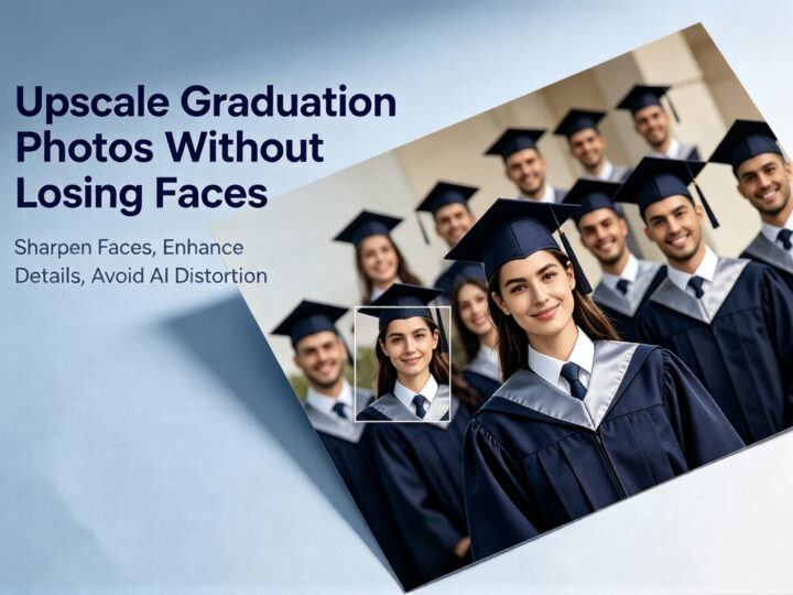 A group of happy university graduates wearing dark blue academic gowns and mortarboards smiling in front of a campus building, showing clear facial details after image enhancement.