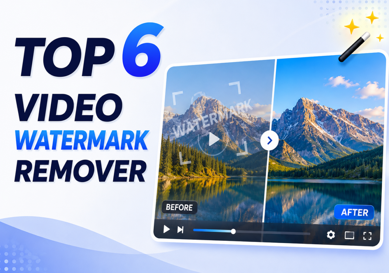 Blog cover image for Top 6 Video Watermark Remover in 2026, featuring a side-by-side comparison of a video frame before and after removing a watermark, with a scenic mountain and lake background.
