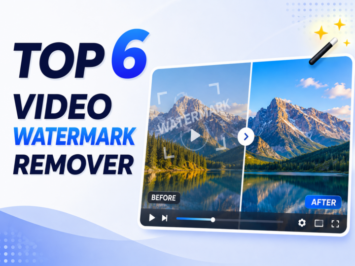 Blog cover image for Top 6 Video Watermark Remover in 2026, featuring a side-by-side comparison of a video frame before and after removing a watermark, with a scenic mountain and lake background.