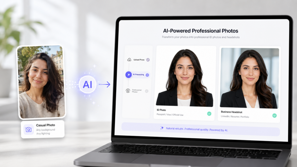 AI transforms a casual smartphone portrait into a professional passport photo and business headshot using an online photo generator.