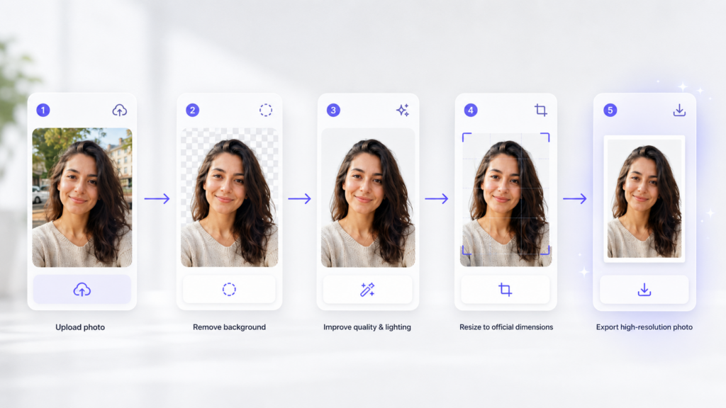 Five-step AI ID photo workflow showing photo upload, background removal, image enhancement, official resizing, and high-resolution export.