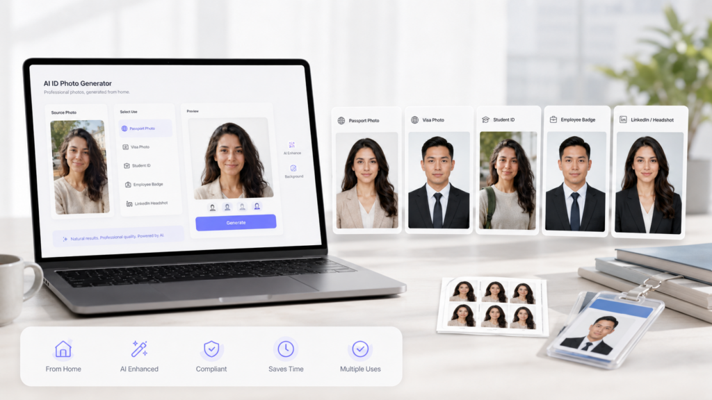 AI ID photo generator showing passport, visa, student ID, employee badge, and LinkedIn headshot options created from portrait photos