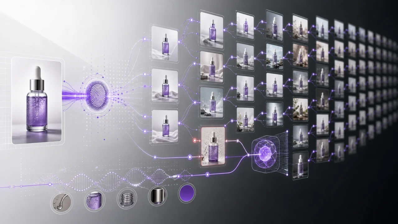 One product identity repeated across three AI advertising scenes