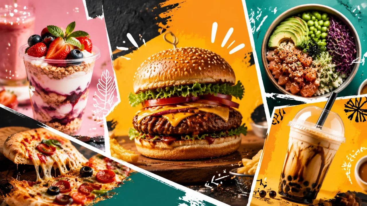 Colorful AI-generated food poster featuring burger, pizza, bubble tea, and modern social media advertising design