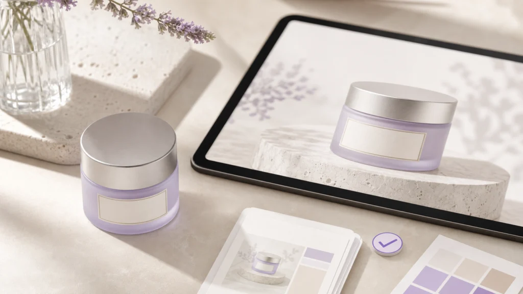Frosted lavender skincare jar reviewed against its approved tablet image, with export cards and an approval check.