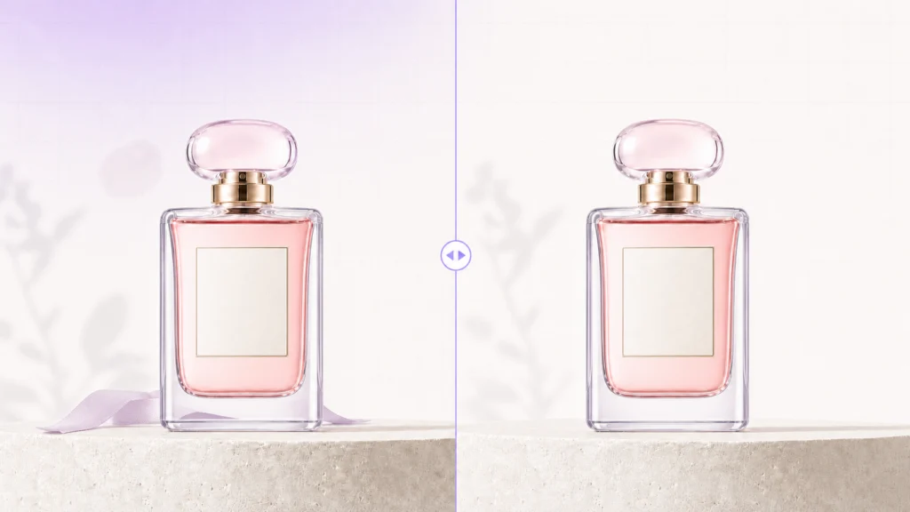 Before-and-after comparison of a rose perfume bottle, showing an unedited source beside a clean approved master asset.