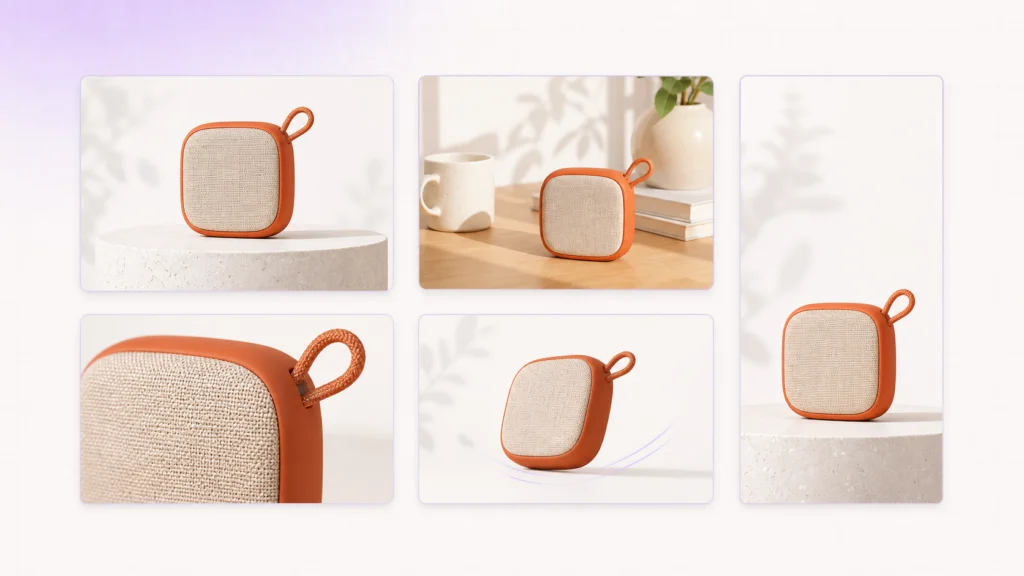 Five campaign visual variations of an orange portable speaker: hero product photo, lifestyle scene, texture close-up, vertical crop, and motion-ready still.