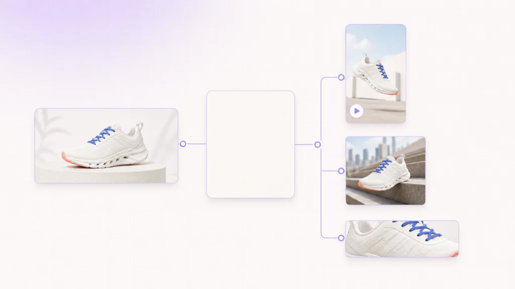 White running sneaker with blue laces adapted into ecommerce, vertical video, city lifestyle, and close-up campaign formats.