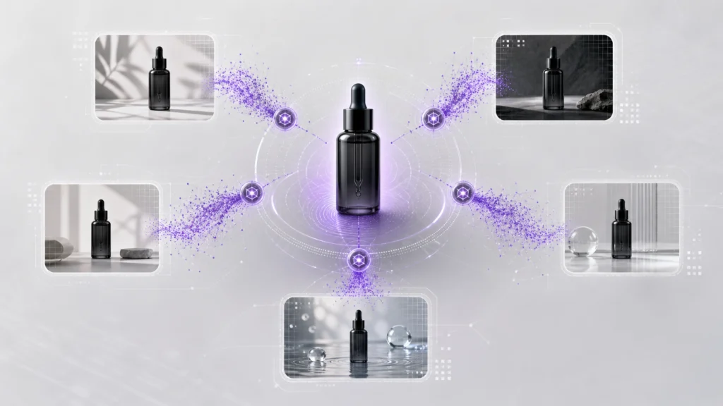 Approved product reference converted into an AI identity fingerprint for consistent variants