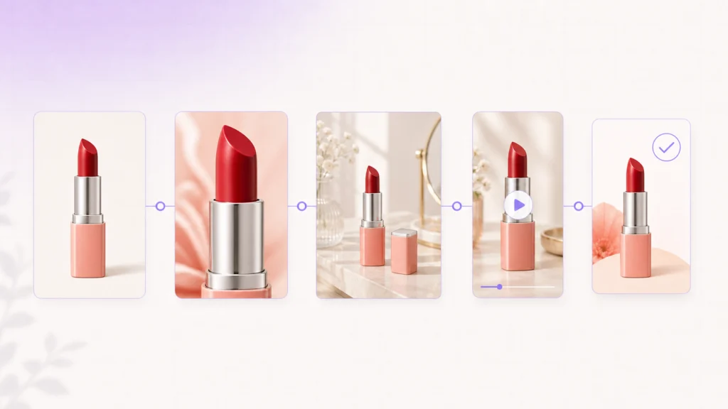 Five-stage AI content workflow for a red lipstick from source product photo to approved campaign export.