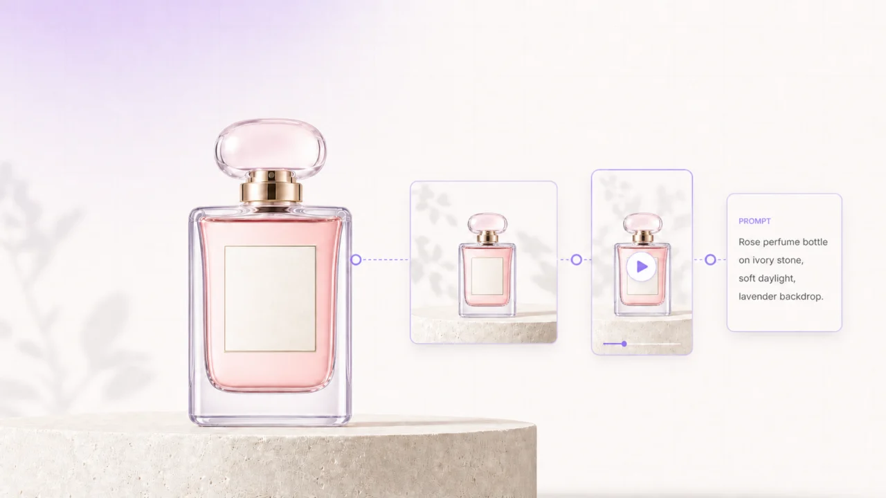 Rose perfume bottle transformed into a product image, short video, and prompt card in a bright AI content workflow.