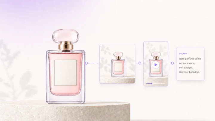 Rose perfume bottle transformed into a product image, short video, and prompt card in a bright AI content workflow.