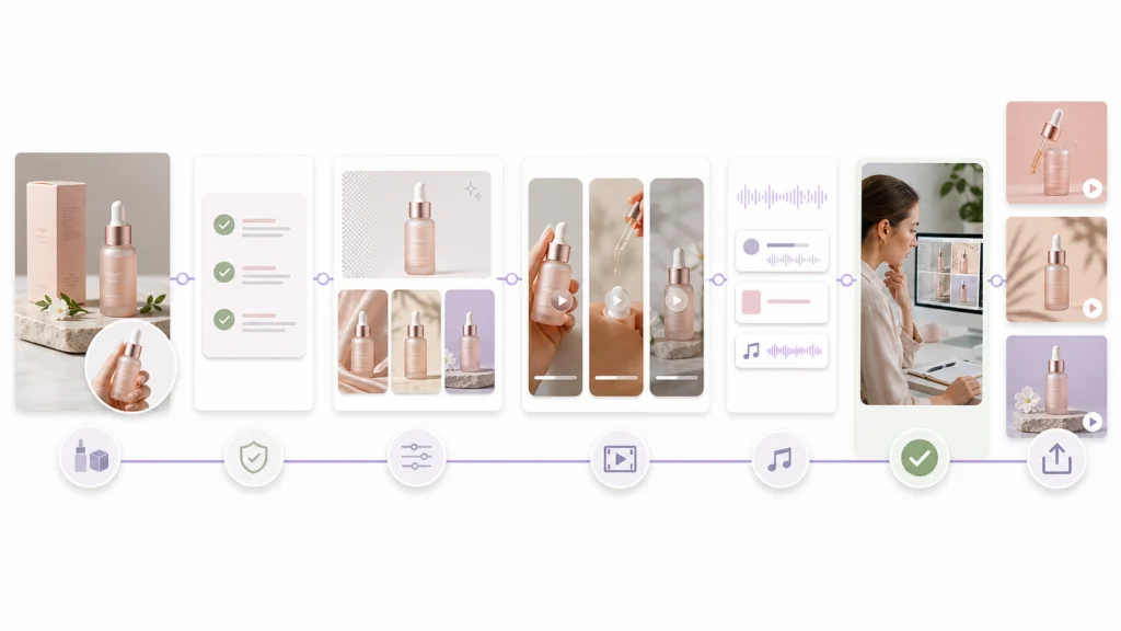 Hybrid AI UGC workflow from real product assets to approved ads