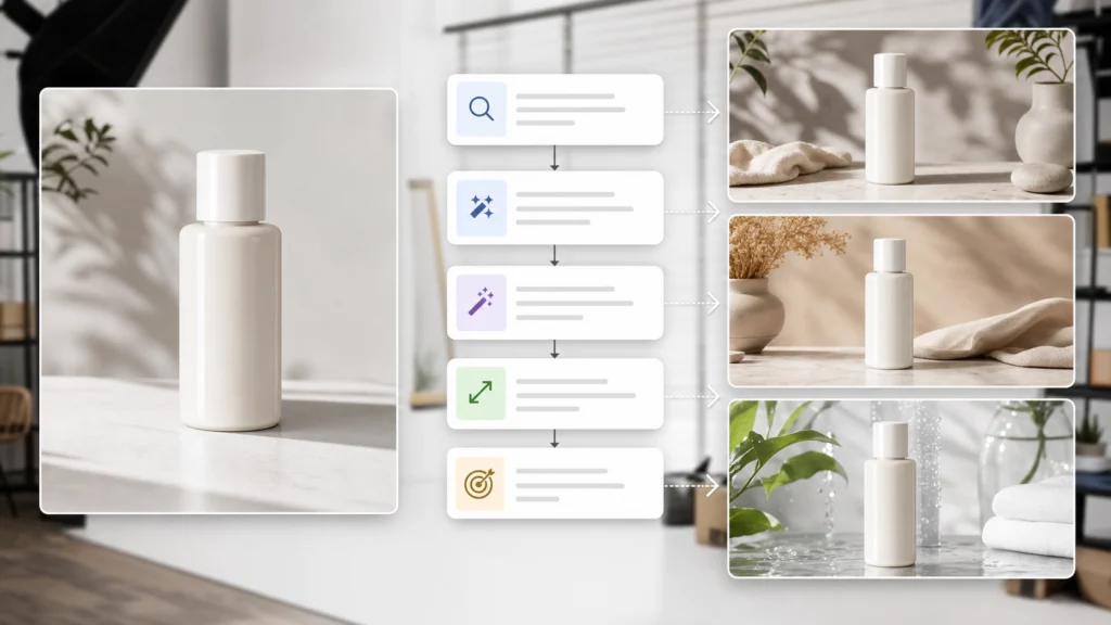 product photo reference turned into AI prompt for ecommerce visuals