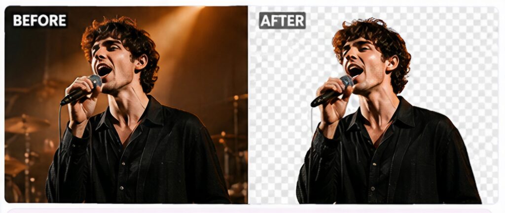 A young male singer with curly hai!singing on stage, holding a minprohue,stage lights and smoke, audienceatmosphere in the background.