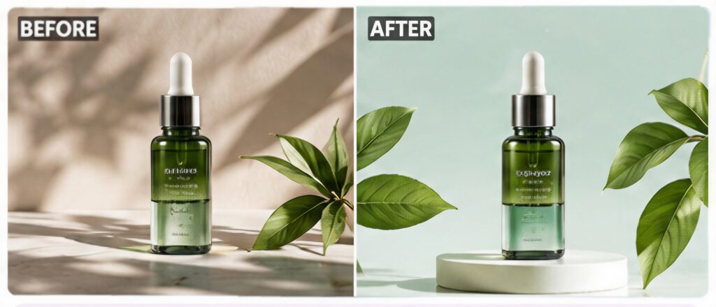A green skincare serum bottle withdropper on a beige table, leaves aroundit, soft natural sunlight and shadows,minimal aesthetic.