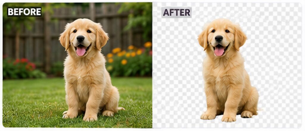 A cute golden retriever puppy sitting on green grass in a backyard garden,fence and flowers in the background,daylight.