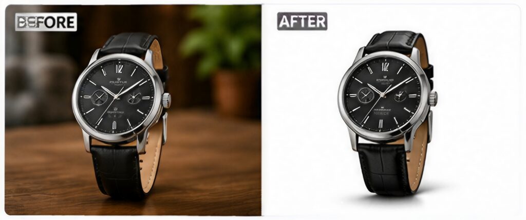 A luxury wristwatch on a woodentable, natural indoor lighting, shallowdepth of field, blurred background withdecorative objects.