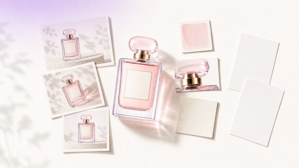 Top-down source pack for a rose perfume launch with reference photos, color swatches, packaging detail, and campaign notes