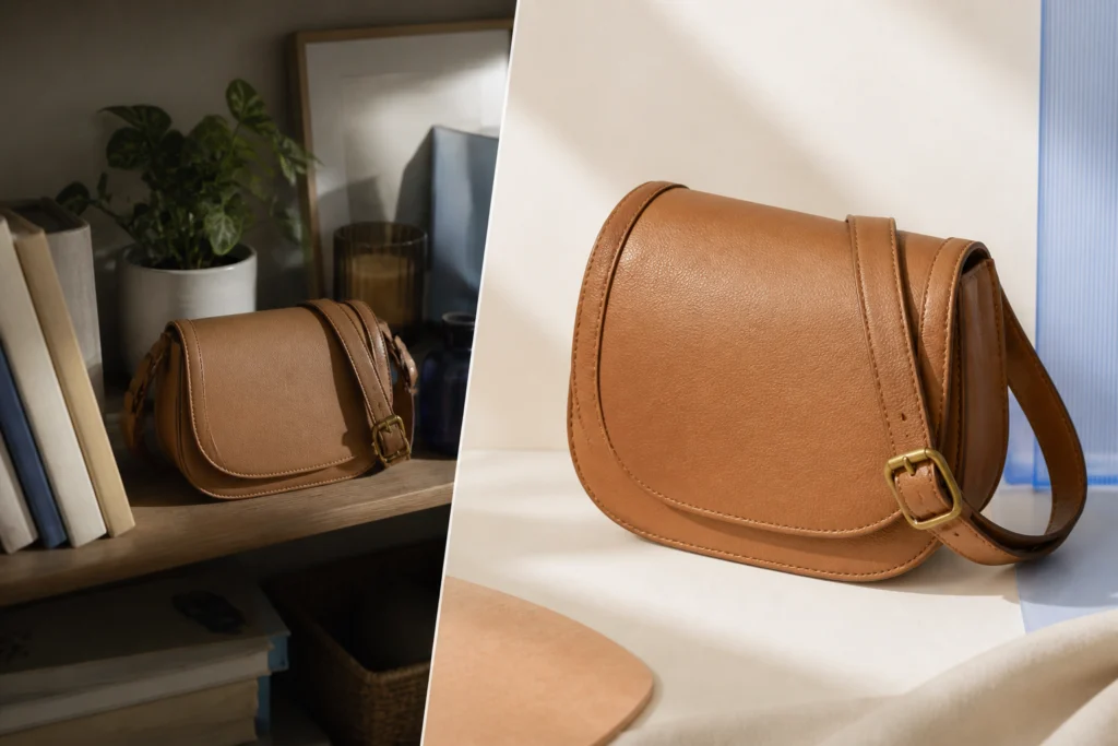 Before-and-after handbag photos showing how crop, lighting, and background improve product hierarchy