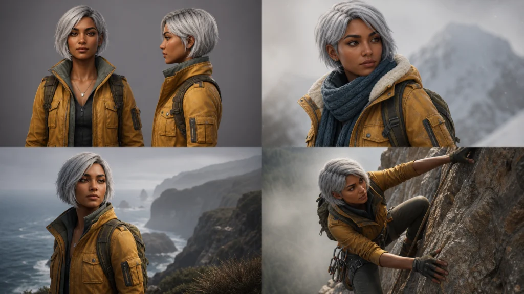 Same AI character in turnaround outfit scene and pose tests