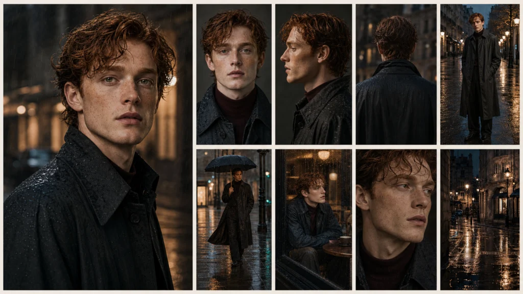 Same male character across portrait and rainy city scenes