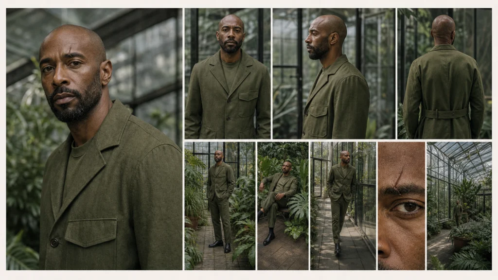 Same male character across portrait and glasshouse scenes