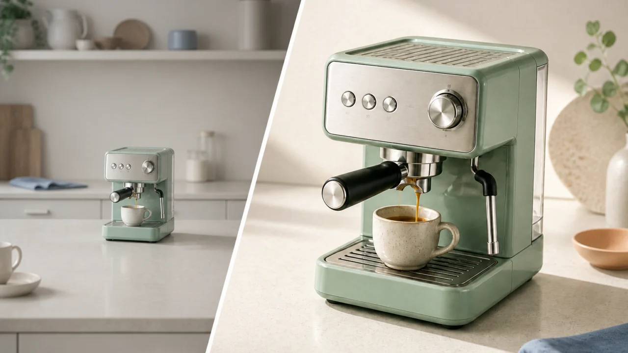 Same espresso machine before and after improving product photo crop, lighting, and visual hierarchy
