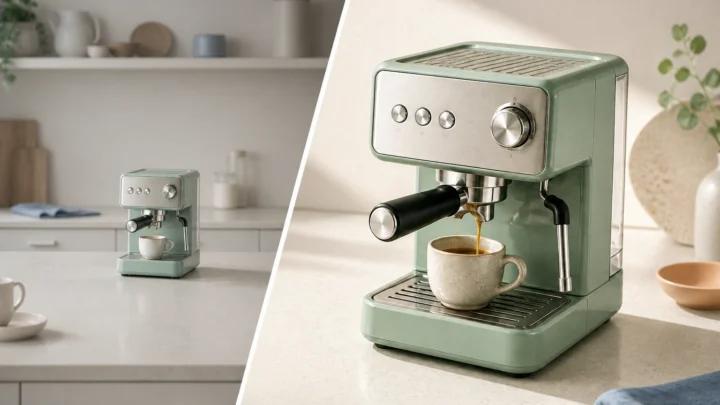 Same espresso machine before and after improving product photo crop, lighting, and visual hierarchy