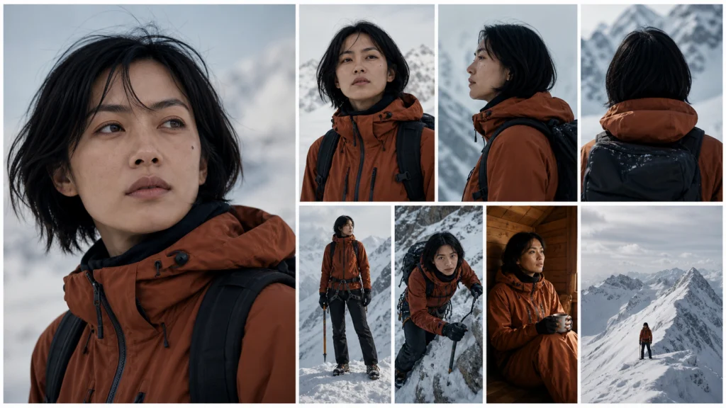 Same female mountaineer across portrait and alpine scenes