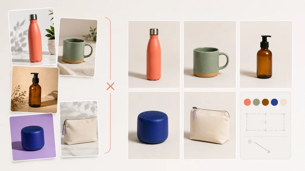 Inconsistent AI product images compared with a unified multi-SKU ecommerce catalog