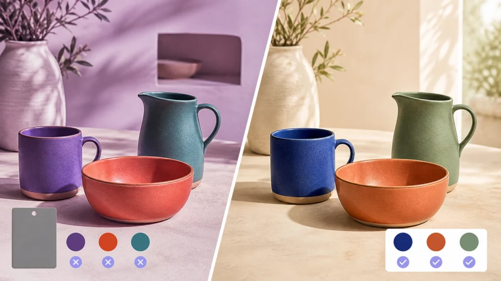 Product color drift compared with accurately preserved ceramic colors in an AI-edited scene
