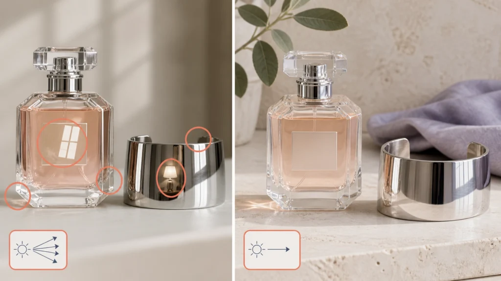 Incorrect glass and metal reflections compared with coherent lighting in an accurate product photo