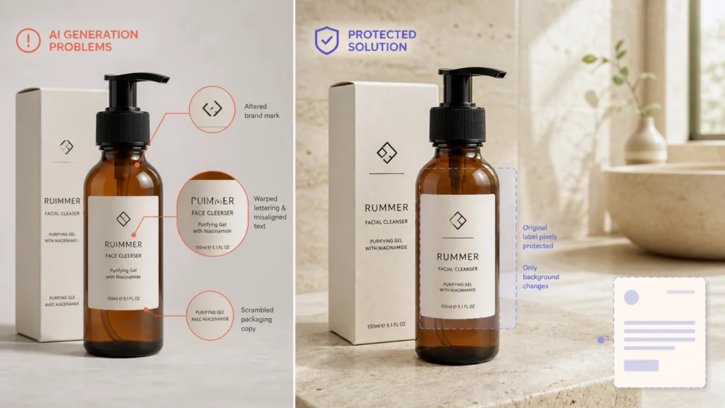 AI packaging errors compared with a workflow that protects the original product label and logo