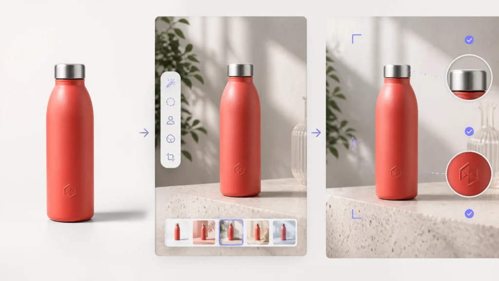 AI product photo workflow preserving the same bottle through background editing and quality inspection