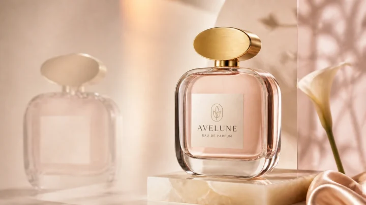 Luxury fragrance ad comparing a flawed AI product image with an accurate branded perfume bottle