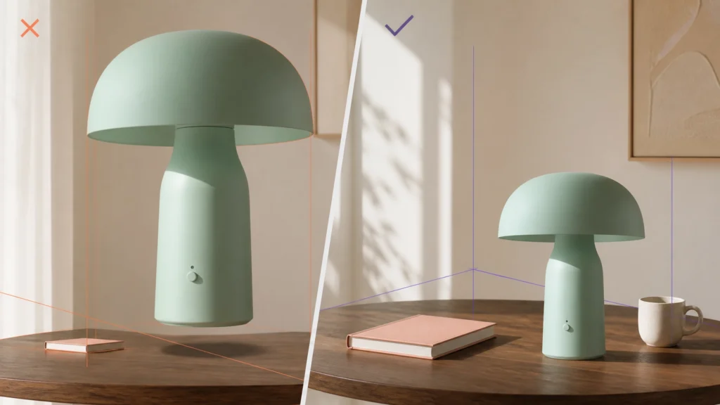 Oversized floating product corrected with realistic scale and a natural contact shadow