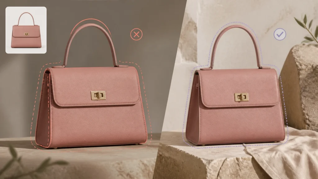 AI product photo comparison showing distorted and correctly preserved handbag proportions