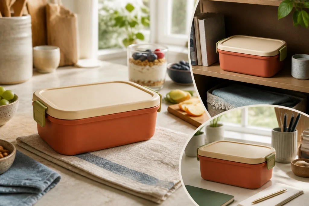 Terracotta lunch box shown in kitchen, dorm, and teacher-desk campaign scenes