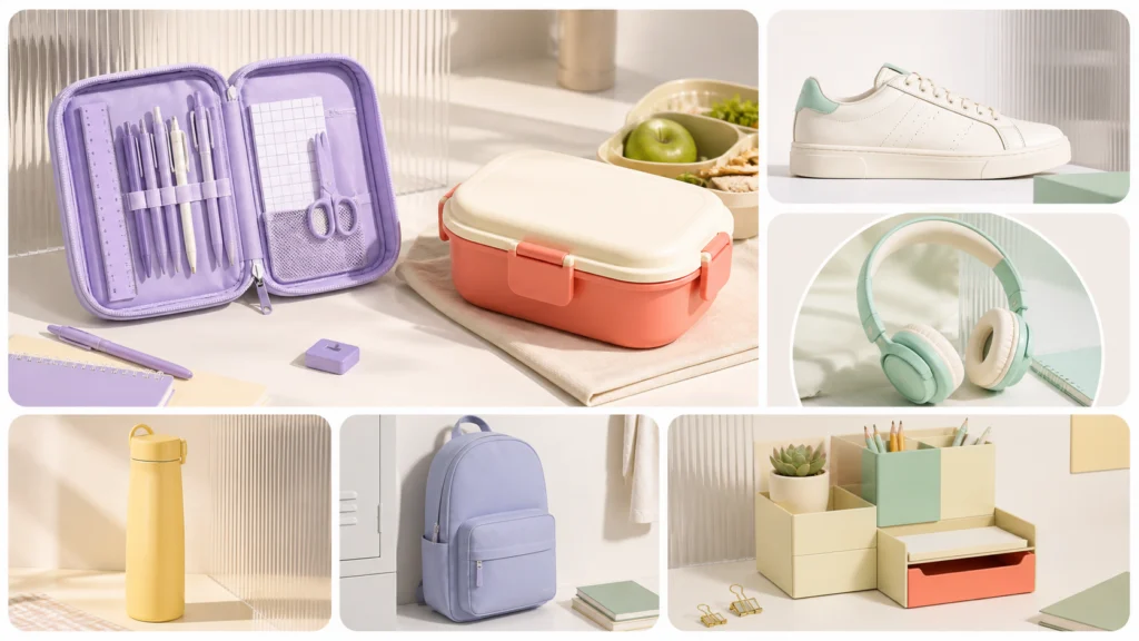Seven back-to-school products arranged in a pastel editorial Bento layout