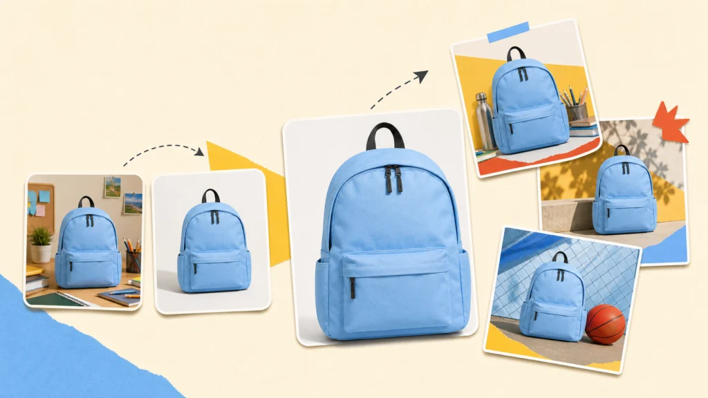 One backpack photo transformed through cleanup, background removal, and three static back-to-school ad variations