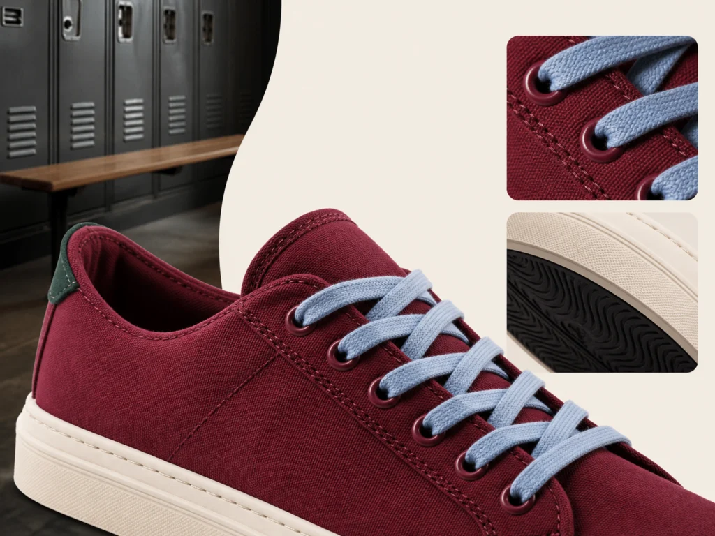 Close-up sneaker showing laces, stitching, eyelets, and outsole edges for background removal review
