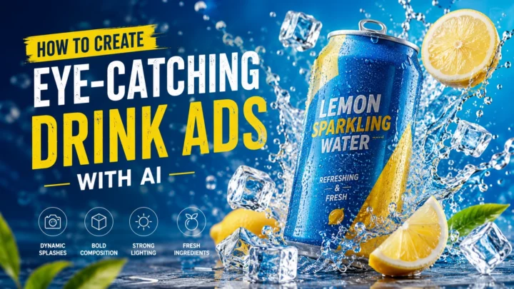 AI-generated eye-catching drink ad with lemon sparkling water, ice, and dynamic splashes