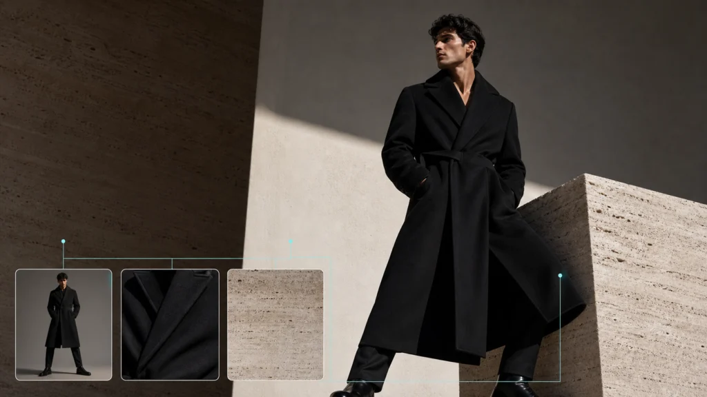 FLUX 2 compositing a male model, black coat, and travertine setting from multiple references