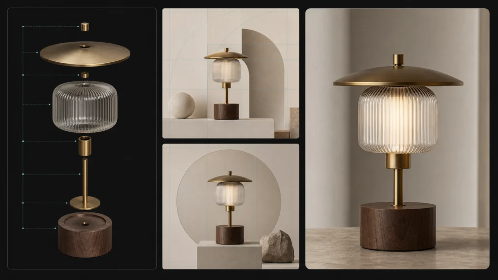 GPT Image 2 assembling a brass and glass table lamp through structured image editing