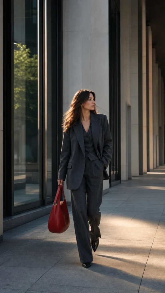 Instagram street-style fashion campaign with a red handbag at golden hour

