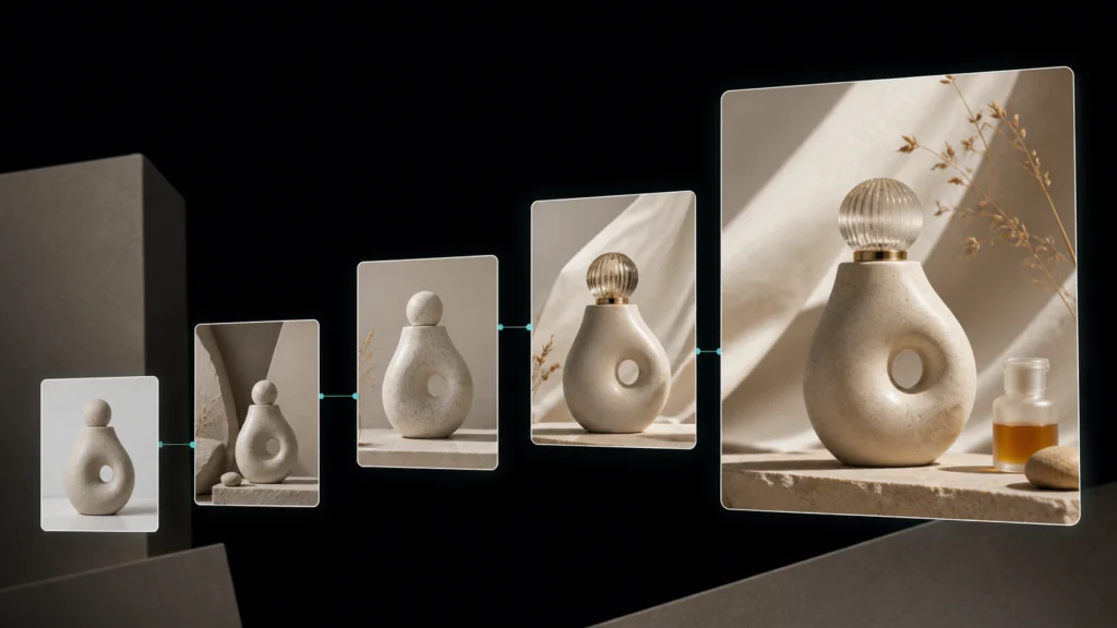 Linocut multi-model workflow refining a sculptural perfume bottle across five generated images |
